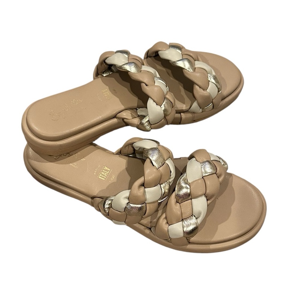 ANTHRO SEYCHELLES golden coast slides flats braided sand tan metallic sandals 10